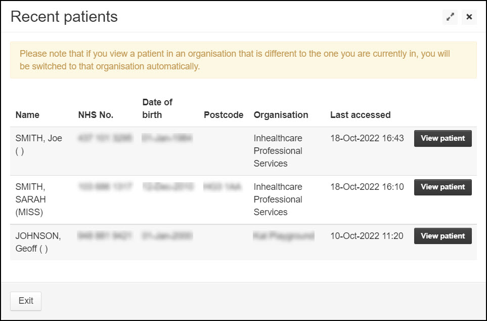 Recently viewed patients on the portal