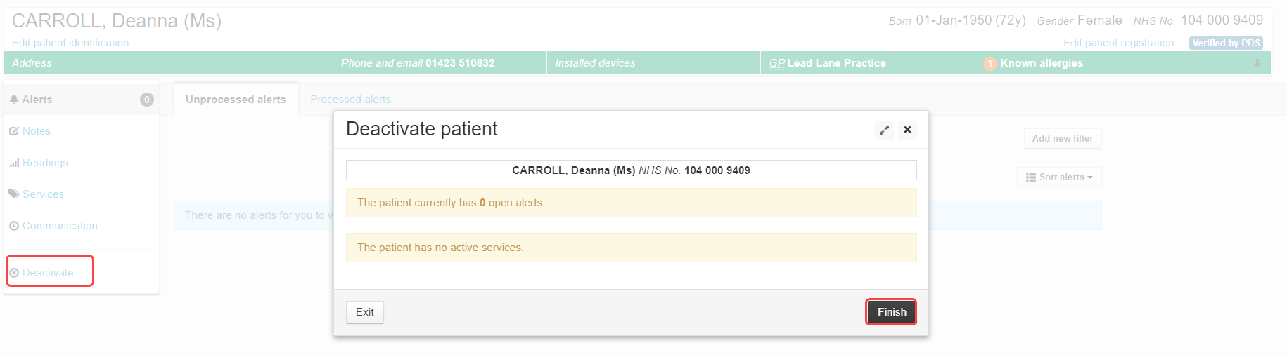 Patient Deactivation Tab